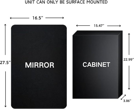 TEHOME Surface Mount 16.5x27.5'' Black Bathroom Medicine Cabinet with Mirror Matt Black Metal Framed Rounded Rectangle Medicine Cabinet with Beveled Mirror 3 Adjustable Glass Shelves