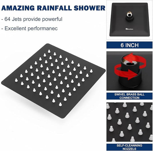 NearMoon Rain Shower Head, High Flow Stainless Steel Square Rainfall Shower, High Pressure Design, Awesome Shower Experience Even At Low Water Flow (6 Inch, Matte Black)