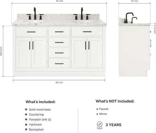 ARIEL Hepburn 60-inch Bathroom Vanity with Sink,Solid Wood, 1.5-inch Italian Carrara Marble Countertop & Backsplash, Double Oval Porcelain Sink, 4 Soft Closing Doors, 6 Dovetail Drawers, White