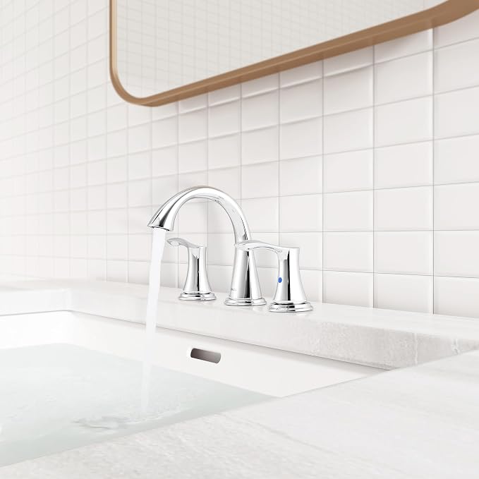 Bathroom Sink Faucet 8 Inch Widespread for Vanity, Chrome | Mid Arc Brass Spout, 2 Handle Lead-Free Bathroom Faucet with Metal Pop Up Drain Supply Lines for 3 Hole Lavatory Utility Sink