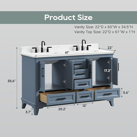 60 Inch Bathroom Vanity with Double Sink, Modern Solid Wooden Frame Bathroom Sink Cabinet with Soft Closing Doors & Dovetail Drawers, Quartz Countertop, Adjustable Feet, Steel Blue