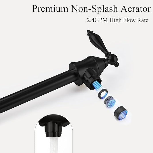 Pot Filler Faucets with Brass Wall Mount Double Joint Swing Arms for Kitchen, Sink, Stove and Bar - Leak Free Designs with High-Flow Aerators - Retractable & Folding for Space Saving - Matte Black