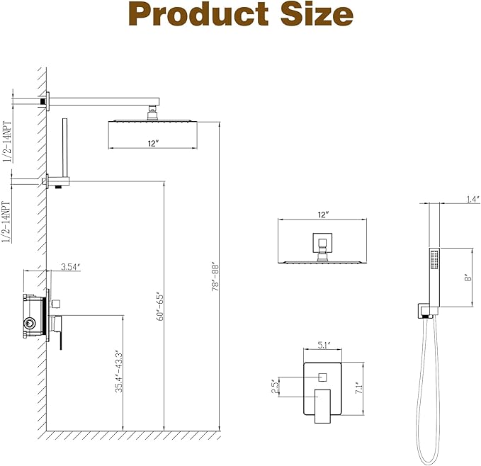 ESNBIA Gold Shower System, 12 Inches Shower faucet Set with Pressure Balance Shower Valve, High Pressure Gold Shower Head and Handle Set, Wall Mounted Shower Fixtures, Brushed Gold