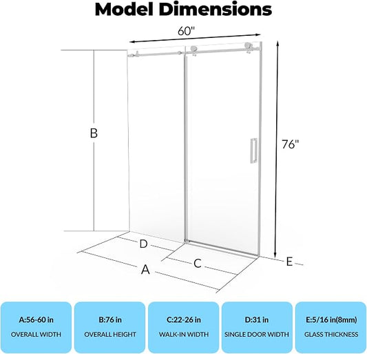 Frameless Sliding Shower Door 56–60 inch W x 76 inch H, Sliding Shower Door with Fixed Panel, Stainless Steel Round Rail, 8mm Tempered Glass with Coating, Single Sliding Shower Door, Brushed Finish
