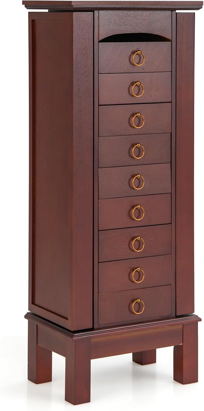 GOFLAME Standing Jewelry Cabinet Armoire, Jewelry Storage Organizer with Flip Top Mirror, 9 Drawers, 2 Side Doors, Space Saving Jewelry Chest Armoire for Necklaces, Earrings, Bracelets, Brown