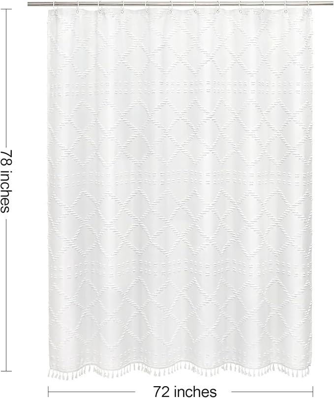 White Boho Woven Fabric Shower Curtain with Tassel 72x78, Tufted Textured | Modern Farmhouse Curtain for Bathroom, Long Bathroom Curtain, Minimalist Decor, Waterproof