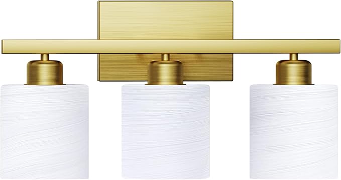 Bathroom Light Fixtures, Bathroom Lighting Fixtures Over Mirror, Interior Classic Vanity Lights, Modern Vanity Light with Textured White Glass Shade, Brushed Gold, 3-Light
