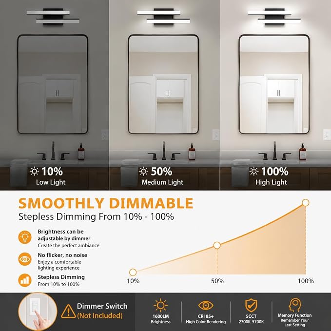 Bathroom Light Fixtures: 18-Inch Modern Bathroom Vanity Light ETL Certificated 5CCT Optional Wall Lights Over Mirror 20W, LED Vanity Light Bar 0-100% Dimmable - Wall Light Fixtures, 2 Pack