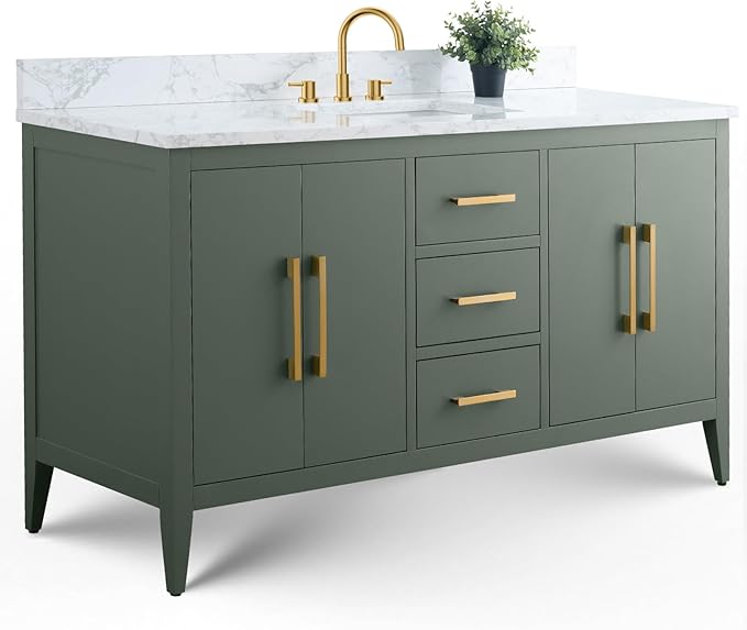 Vanity Art 60 inch Bathroom Vanity with Single Sink & Ceramic Top, Vanity Cabinet with Soft-Closing Doors, Drawers, Solid Wood Frame, Vintage Green, VA9060-SVG-GB1