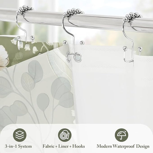 3 in 1 Green Floral Shower Curtain Set with PEVA Liner & 12 Hooks, 72 x 78 | Boho Tropical Botanical Style, Farmhouse Floral Fabric, Modern Hotel Inspired, Water‑Repellent, Machine Washable