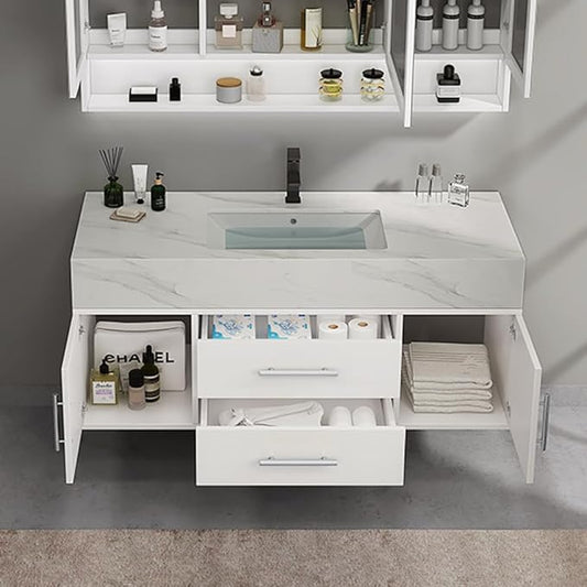 Bathroom Vanity with Sink 39.5" Floating Bathroom Vanity Sintered Stone Modern Bathroom Vanity Set, White (Wall Mounted, Silver Handle)