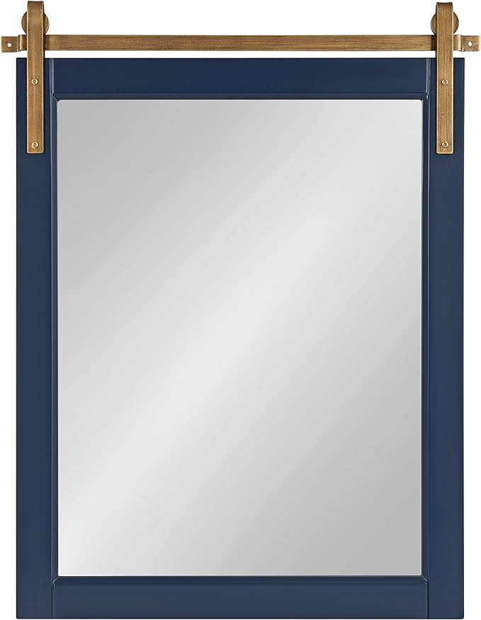 Kate and Laurel Skylan Modern Farmhouse Decorative Wood Framed Wall Mirror; 22 x 28; Navy and Antique Gold; Barn Door-Inspired Wall Hanging Mirror for Bathroom or Living Room Uses