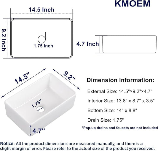 Vessel Sink 15"x9" Rectangular Bathroom Sink Modern White Porcelain Ceramic Above Counter Drop-in Vanity Sink for Bathrooms Art Basin