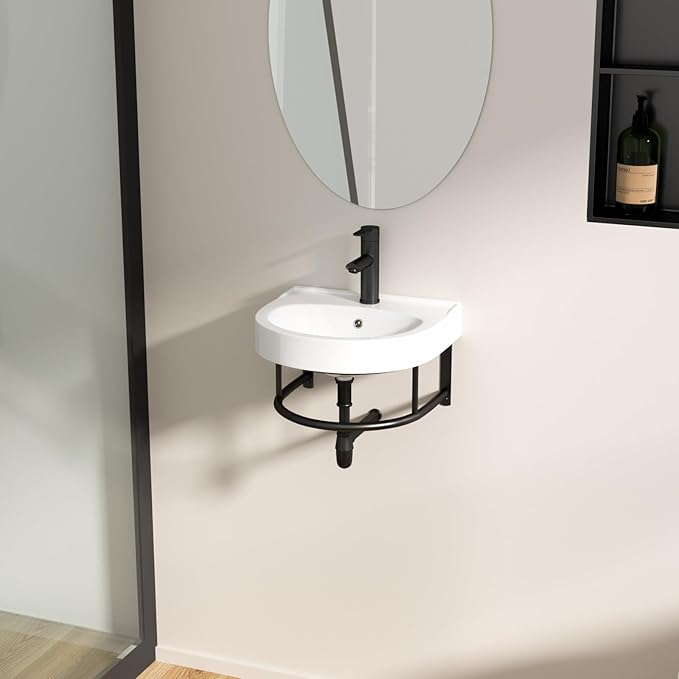 Logmey 16 Inch Wall Mount Bathroom Sink 16"x14" Floating Sink White Porcelain Ceramic Wall Hung Vessel Sink Wash Hand Basin with Bracket