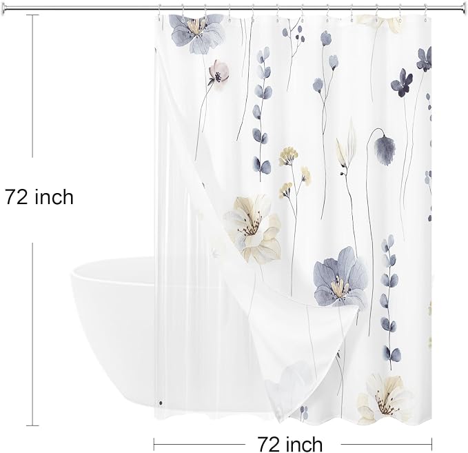 3 in 1 Grey Watercolor Floral Shower Curtain Liner Set, 72x72 | 3 in 1 Shower Curtain Set, PEVA Liner& 12 Double Sided Steel Hooks, Waterproof Fabric Bathroom Curtain