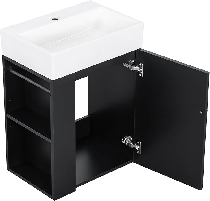 20" Floating Small Bathroom Vanity with Sink, Wall Mounted Vanity for Compact Bathrooms, Space-Saving Narrow Bathroom Vanities with Soft-Close Door Open Shelf Towel Bar (Black,20" Floating Door)