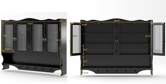 KEIKI 39.37" L Wall Mounted Kitchen Sideboard Cabinet with 4 Glass Door, 5 Hook Rack, 4 Layers Shelves, Retro Storage Buffet Medicine Cabinet for Bathroom, Dining Rooms, Entryway, Solid Wood, Black