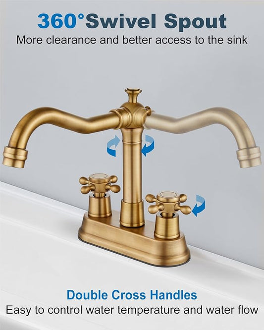 4 Inch Centerset Bathroom Sink Faucet 2 Handle Antique Brass | Swivel Spout,Pop Up Drain,cUPC Hose,for 2 or 3 Hole Sink,Lavatory,Vintage,Farmhouse,RV,SUS304 Mixer Tap,Metal Cross Handle