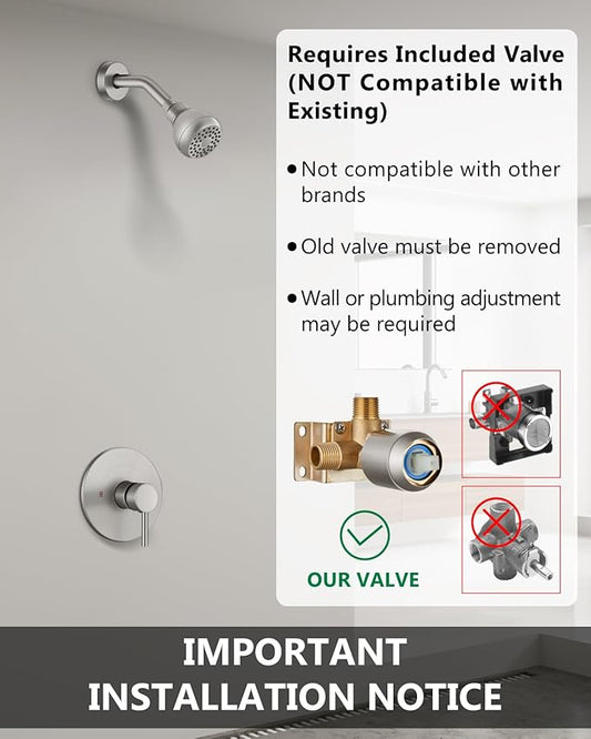 Shower Faucet with Valve, Shower Valve Kit and Head, Single Handle Shower Faucet Set with Rough-In Valve, Shower Trim Kit, Brushed Nickel