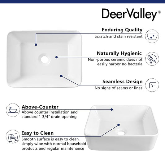 Rectangle Vessel Sink, Deervalley DV-1V0048 Liberty 16" x 12'' White Bathroom Sinks Ceramic Above Counter Sink Bowl