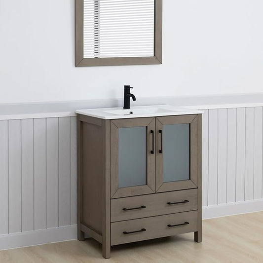 Vanity Art 30" Single Sink Bathroom Vanity with 1 Mirror, Ceramic Top Cabinet Compact Set with 2 Dovetail Storage Drawers and Matte Black Handles, Dark Grey, VA3030-DG