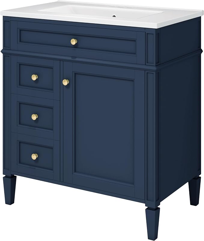 Merax 30 Inch Bathroom Vanity with Sink Set, Modern Bathroom Vanity Storage Cabinet with Matching Mirror Medicine Cabinet, Solid Wood Frame,Painted Finish, 2 Drawers and 1 Tip-Out Drawer, Navy Blue