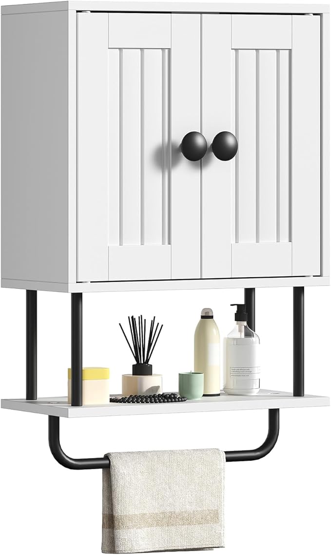 HOOBRO Bathroom Wall Cabinet, Modern Medicine Cabinet with Open and Adjustable Shelf, Over The Toilet Storage Cabinet with Towel Bar, Wall Mounted Organizer for Bathroom, Kitchen, White and Black