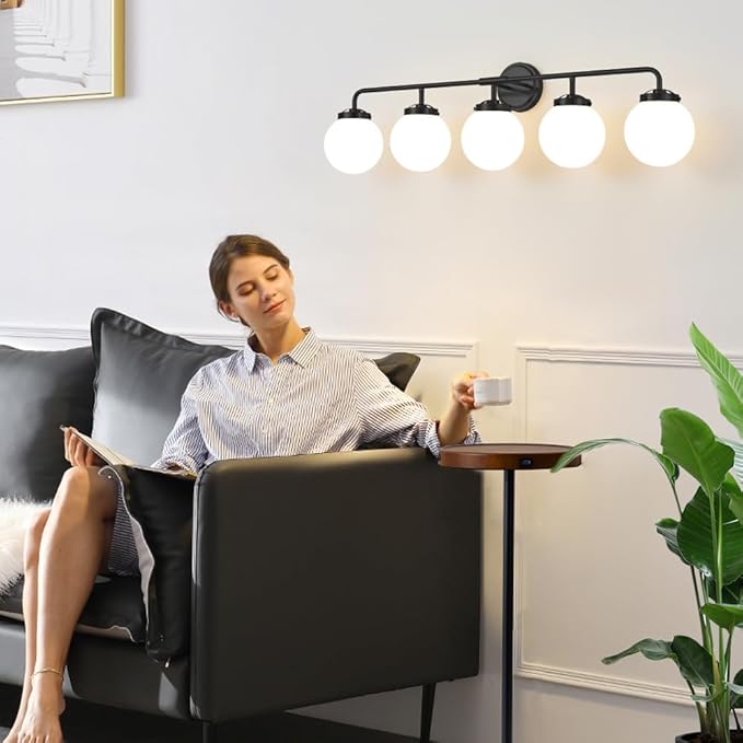 Bathroom Light Fixtures 39in 5-Light Matte Black Vanity Lights for Mirror | Dimmable Bathroom Lighting Fixtures over Mirror, ETL, E12 Base Max 60W, Modern Wall Sconce, Milky White Glass Ball Shades