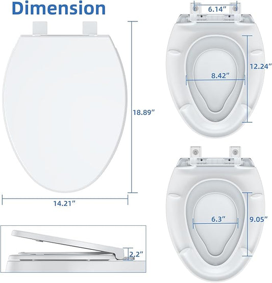 19" Elongated Toilet Seat with Built-In Toddler Seat, Quiet-Close Potty Training Seat for Family, Quick-Release & Grip-Tight Bumpers, Quick-Attach Hardware, White