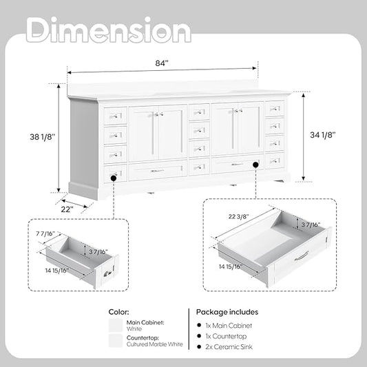 WELLFOR 84 Inch Bathroom Vanity with Double Sinks, Bathroom Freestanding Vanity W/4 Soft-Close Doors and 14 Drawers, Large Storage Space Vanity, Engineered Stone Countertop Vanities, White