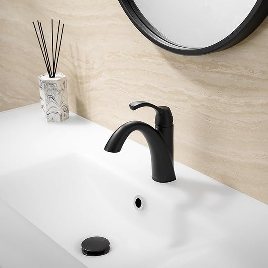 Bathroom Sink Faucet Matte Black, Single Handle Bathroom Faucet for 1 Hole with 3 Holes Deck Plate, Lavatory Vanity Faucets, Pop Up Drain and Water Supply Lines Included, TAF206-MB