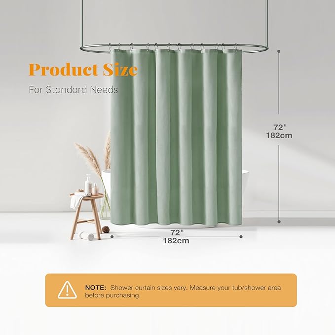 Sage Green Linen Textured Waterproof Fabric Shower Curtain Set, 72x72 | 230GSM Polyester, Heavy Duty Cloth, Weighted Hem, 12 Plastic Hooks, Modern Hotel Style, Machine Washable, Bathroom Decor