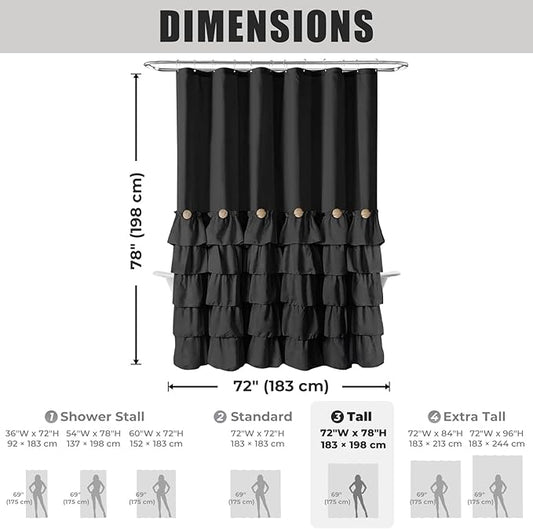 Seasonwood Black Ruffle Shower Curtain Farmhouse Style Black Fabric Shower Curtain Nature Button Chic Ruffles and French Country Style 72×78