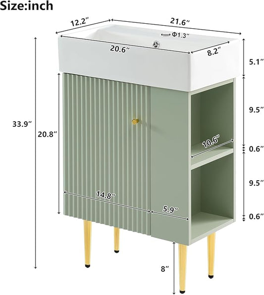 Merax Bathroom Vanity with Ceramic Sink, 21.6" Freestanding Bathroom Cabinet Vanity with Storage, Single Sink Small Vanity, Green