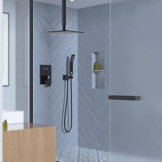 SR SUN RISE Shower System with Push Button Diverter, Ceiling Mounted Luxury 10 Inch Rain Shower Head with Handheld Spray, High Pressure Shower Faucet Combo Set with Rough-in Valve, Oil Rubbed Bronze