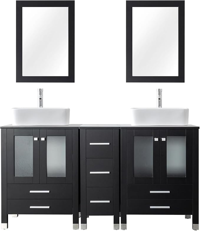 LUCKWIND 60" Double 24" Bathroom Vanity with Sink Combo, Elegant Series with One 12.6-in Side Cabinet, Painted Frame, Including White Rectangle Sinks, Faucets Without Mirrors, Black