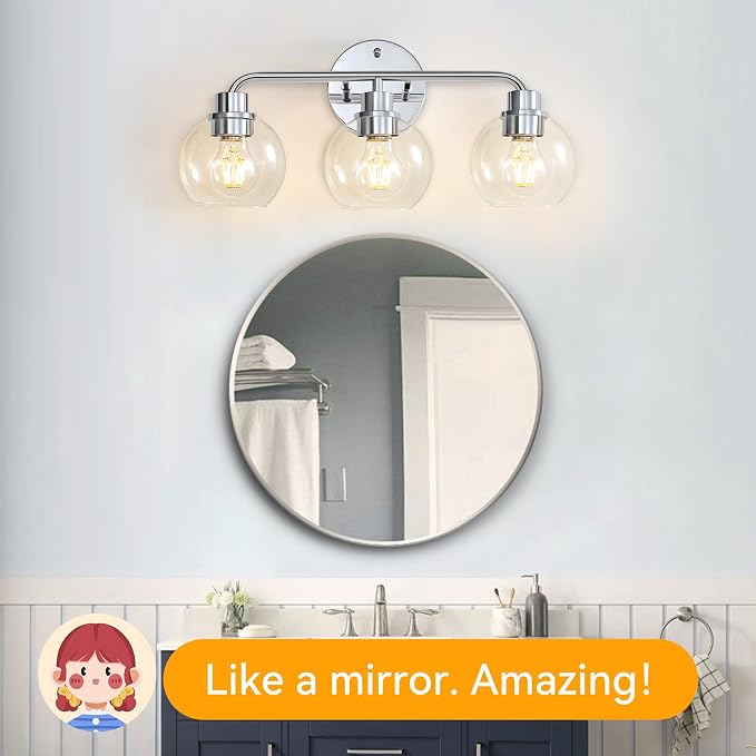 Bathroom Light Fixtures Chrome Vanity Light Silver 3 Light Modern | Wall Sconces Lighting Bathroom Lights with Glass Shades Bath Wall Lights Wall Lamp for Mirror Kitchen Living Room Hallway