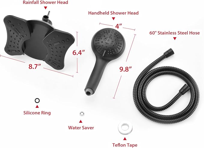 GRICH Shower Head with Handheld Spray - Dual High Pressure Showerhead | Rainfall Shower Heads Combo, Detachable Hand Shower, 9 Spray Settings, 60" Stainless Steel Shower Hose, 2.5GPM, Black