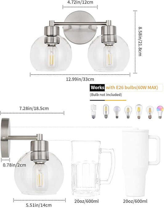 WILON 2-Light Bathroom Vanity Light, Brushed Nickel Vanity Lights for Bathroom, Modern Light Fixtures Over Mirror, Silver Sconces Wall Lamp for Living Room Bedroom Kitchen