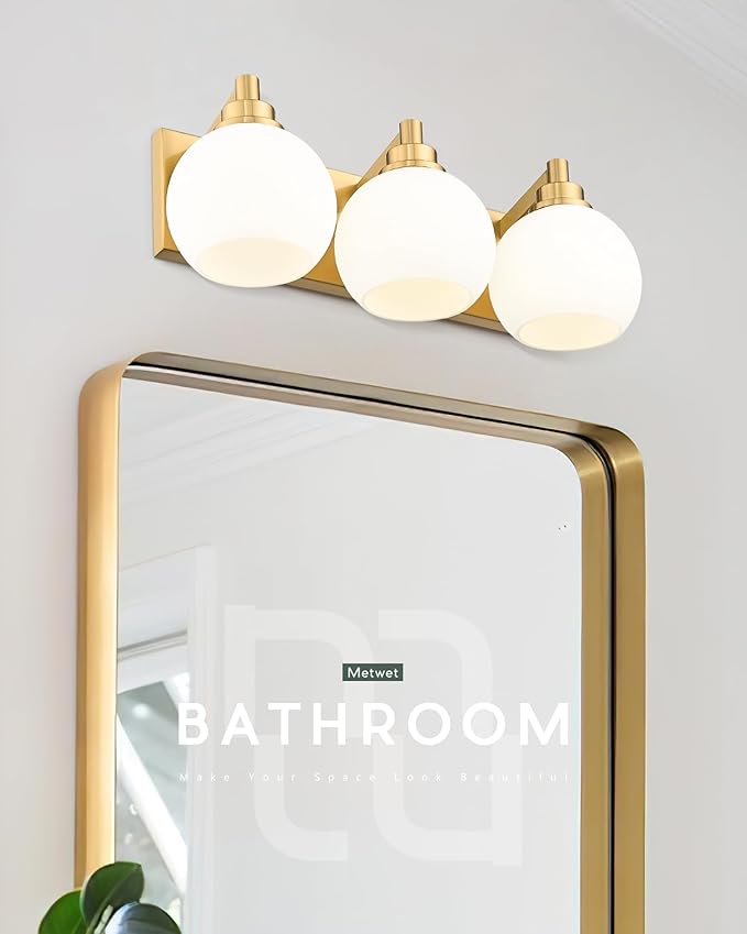 Bathroom Light Fixtures, 3-Light Brushed Gold Vanity Light, Modern Wall Sconces with Milk White Globe Glass Shade, Vanity Lighting Fixtures Over Mirror, VL195-BG-ML-3 | 18" modern bathroom light fixtures over mirror, E26 base, bulbs not included, VL195...