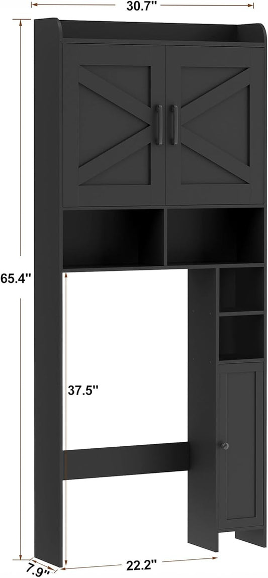 Homhedy Over The Toilet Storage Cabinet with 2 Barn Door and Toilet Paper Holder Stand, FreeStanding Toilet Shelf Space Saver, for Bathroom, Restroom, Laundry, Black