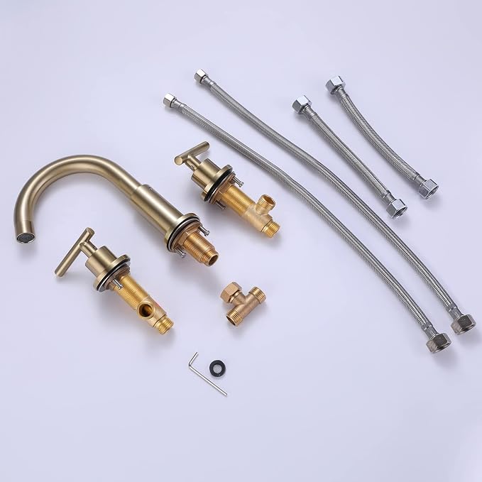 RBROHANT Brushed Gold Widespread Bathroom Faucet 8 Inch Brass Bathroom Faucets for Sink 3 Hole, 2 Handle, 360 Degree Swivel Spout, Deck Mounted, RB0926