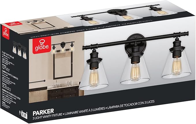 GLOBE Electric 51411 Parker 3-Light Bathroom Light Fixtures, Oil Rubbed Bronze Bathroom Vanity Light, Farmhouse Bathroom Lights Over Mirror with Clear Glass Shades, Bulb Not Included