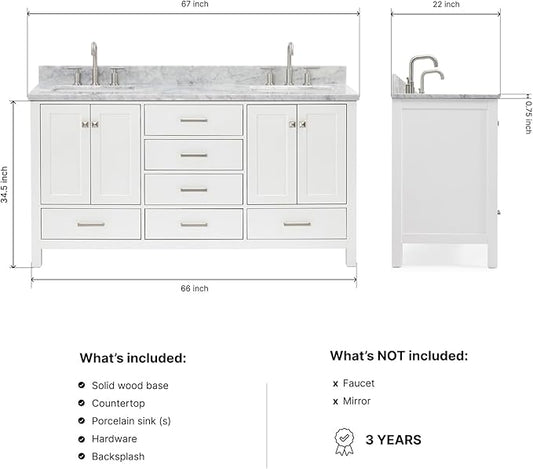 DKB Beckford 67-Inch White Double Bathroom Vanity, Italian Carrara Marble Countertop & Backsplash, 2 Rectangular Undermount Sinks, 4 Soft Closing Doors, 6 Dovetail Drawers, Brushed Nickel Hardware
