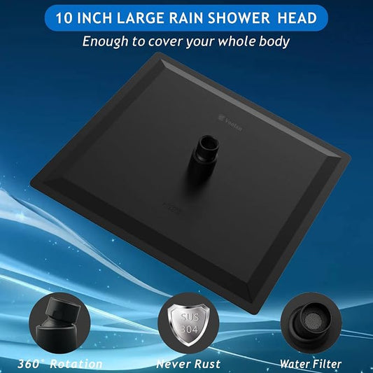 Voolan Rain Shower head, High Pressure Shower Head Made of 304 Stainless Steel, Relaxed Shower Experience Even at Low Water Flow and Pressure (10" Black)