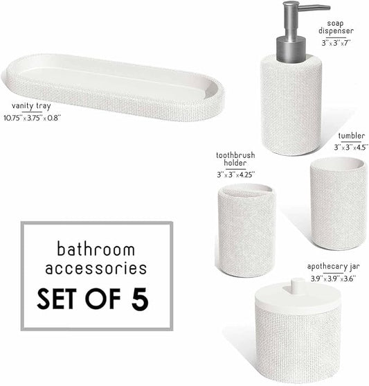 Clara Clark Bathroom Set - White Bathroom Accessories Set, 5PC Bathroom Accessory Set, Bathroom Sets with Soap Dispenser, Toothbrush Holder, Tumbler, Cotton Swab Jar & Vanity Tray