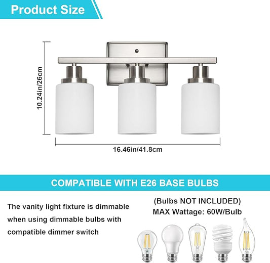 Ascher Bathroom Light Fixtures, 3-Light Vanity Light Over Mirror, Modern Brushed Nickel Wall Sconces with Milky White Shades, Wall Lamp for Kitchen Hallway Cabinet Porch E26 Base
