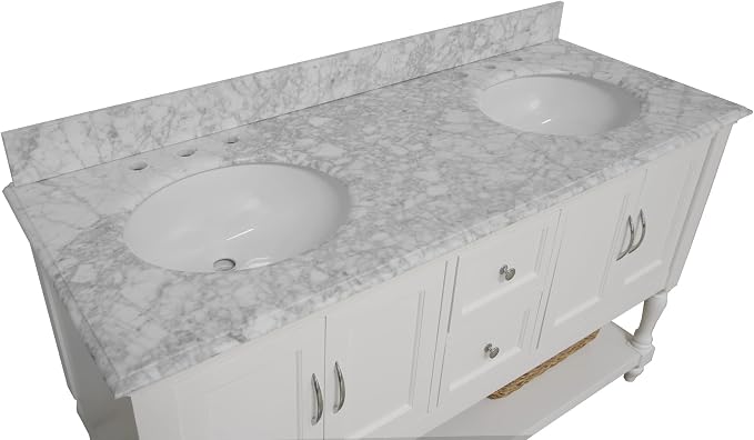 Beverly 60-inch Double Bathroom Vanity (White/Carrara): Includes White Cabinet with Authentic Italian Carrara Marble Countertop and White Ceramic Sinks