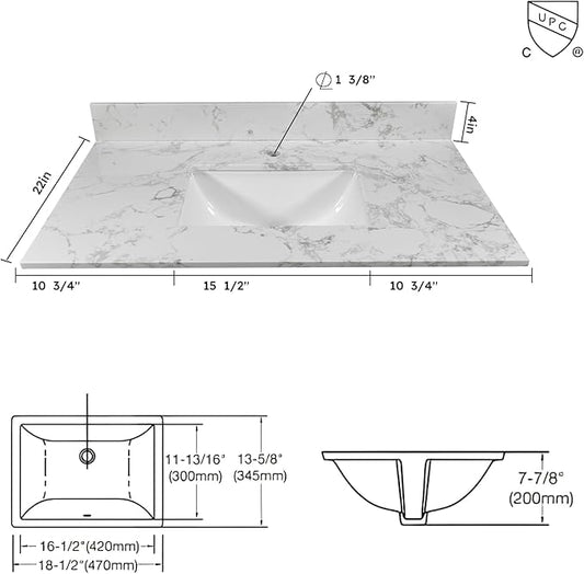 Montary 36" Bathroom Vanity with 37" Artificial Marble Carrara White Top, Modern Stylish MDF Bathroom Storage Cabinet, Freestanding Vanity Set with One Cabinet & 3 Drawers, White (Single Hole)