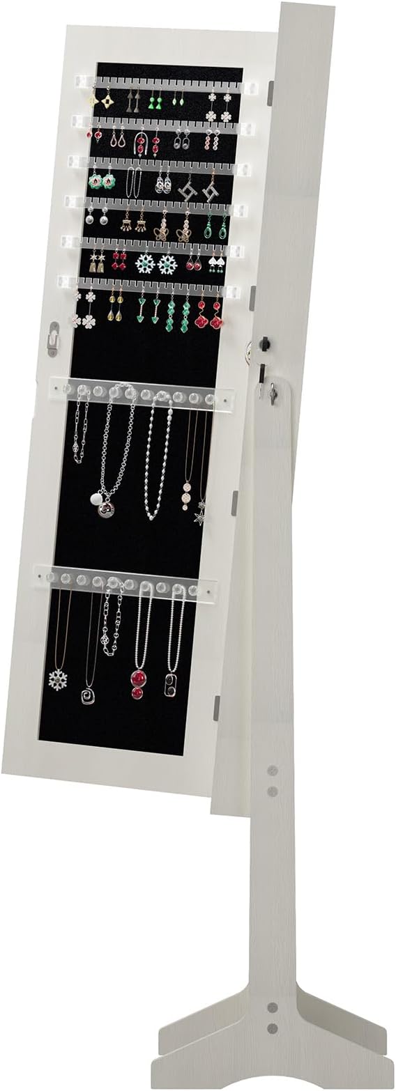 HRVEOCEI LED Mirror Jewelry Cabinet Standing, 63inch Lockable Jewelry Armoire Cabinet Standing with Storage Shelves, Full Length Mirror with Storage for Woman Girl Gift (63Inch White)